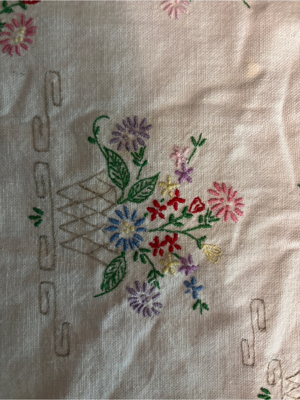 Embroidered Cream Linen Table Runner with Pink Floral Trim - Picture 3 of 5